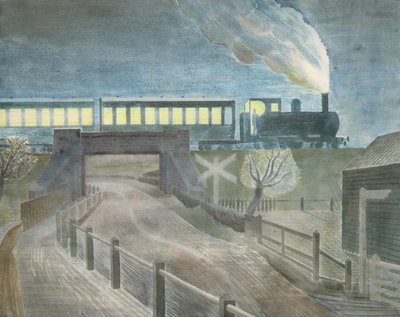 Train Going Over a Bridge at Night by Eric Ravilious